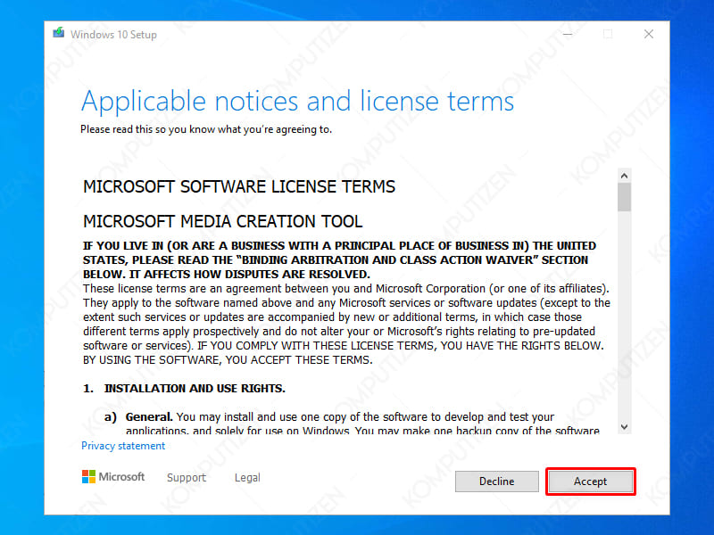accept windows 10 license terms