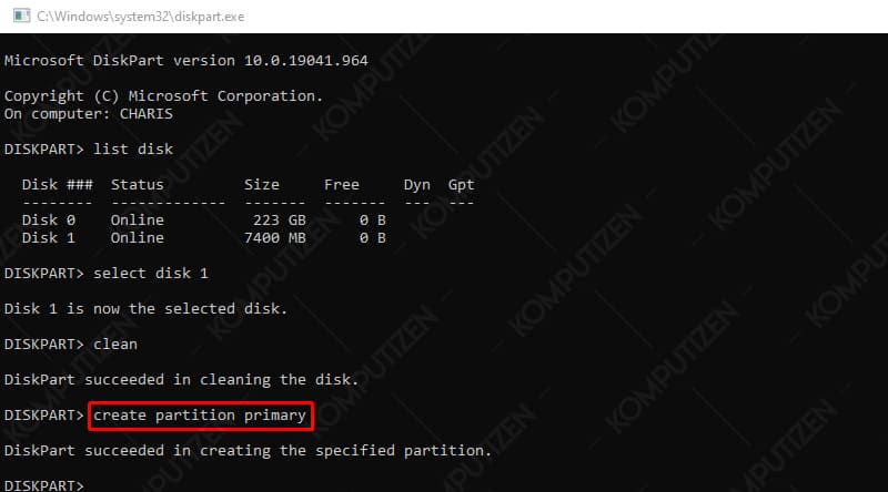 create partition primary flashdisk bootable