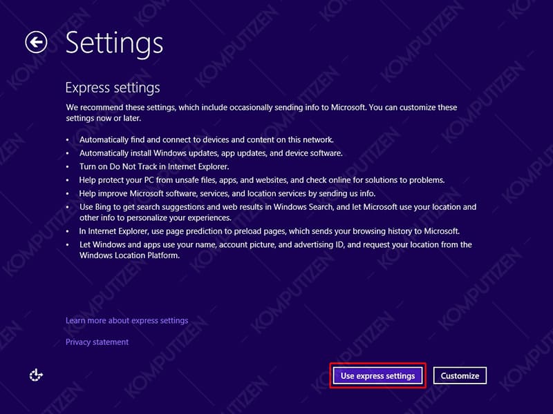 gunakan express settings windows 8