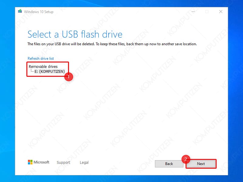 pilih flashdisk untuk bootable windows 10
