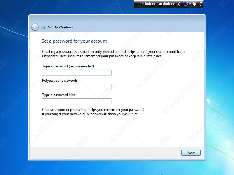 set up password windows 7